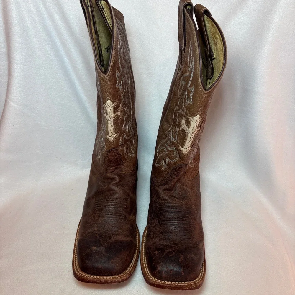 Tony Lama Brown Leather Cross Square Toe Cowboy Boots TC1002L 8B